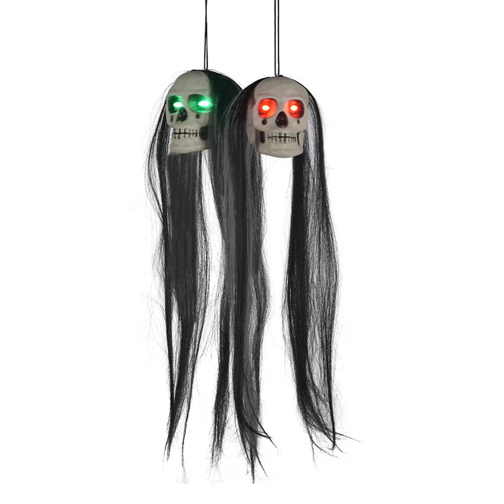 Halloween Hanging Dual-Skull with Glowing Eyes and Long Hair, image 7