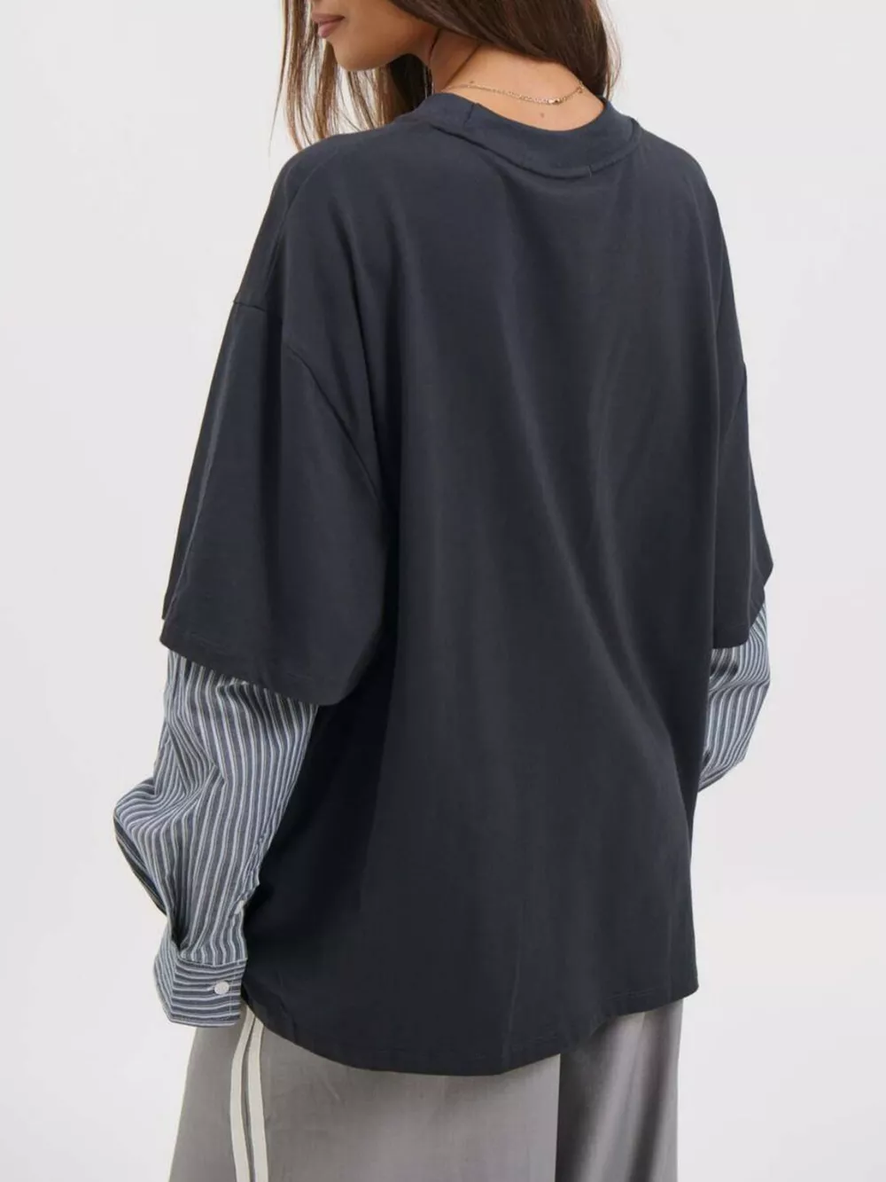 Oversized Layered-Look T-Shirt with Striped Sleeves, image 7