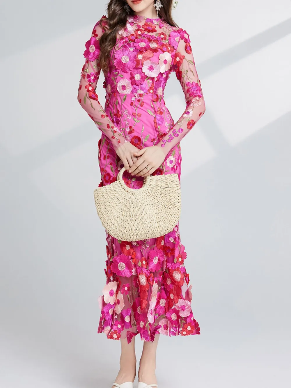 Floral Embroidered Mesh Long Sleeve Midi Dress, image 24