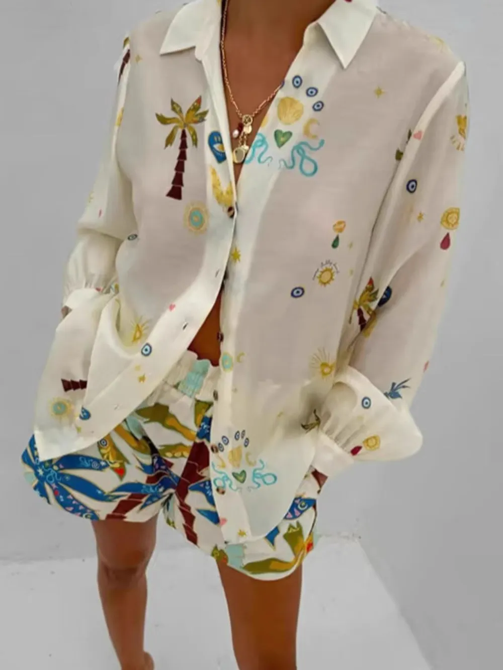 Printed Button Up Shirt and Shorts Set, image 5