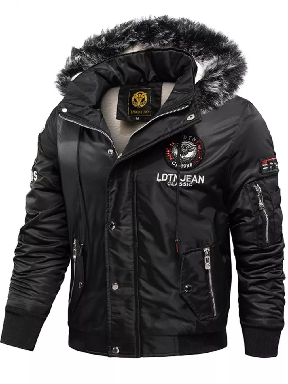 Men's Plus Size Winter Warm Fur Hooded Bomber Jacket, image 2