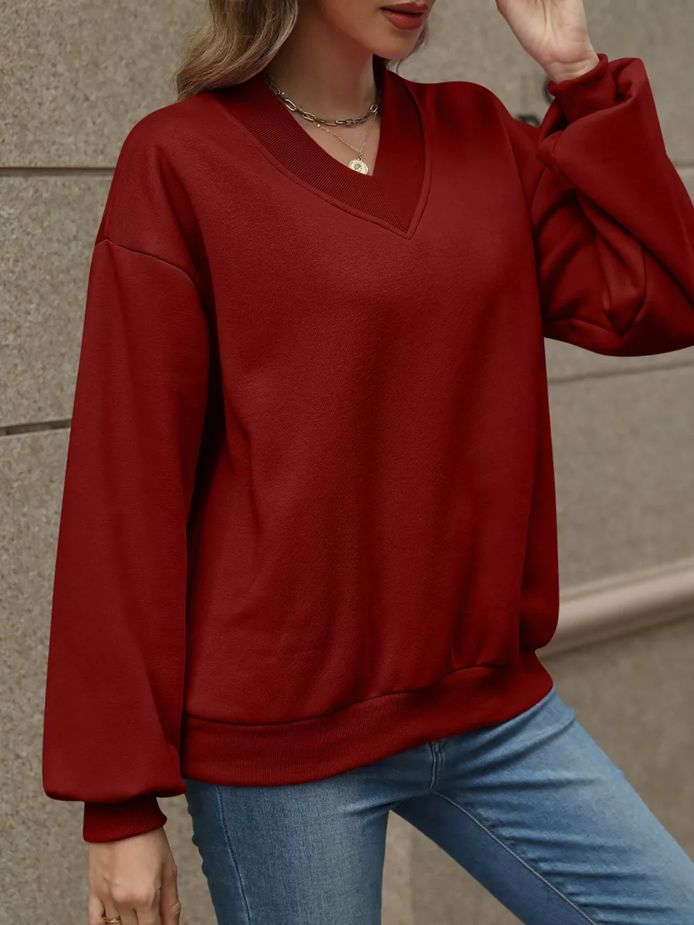 V-Neck Solid Color Casual Sweatshirt, image 27
