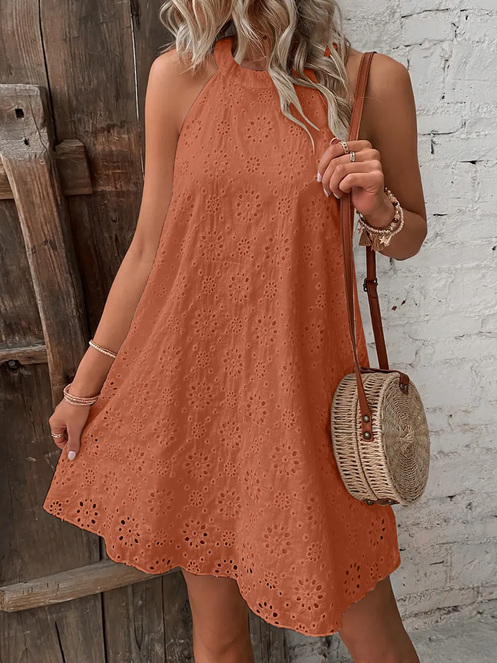 Eyelet Grecian Neck Mini Dress, image 12