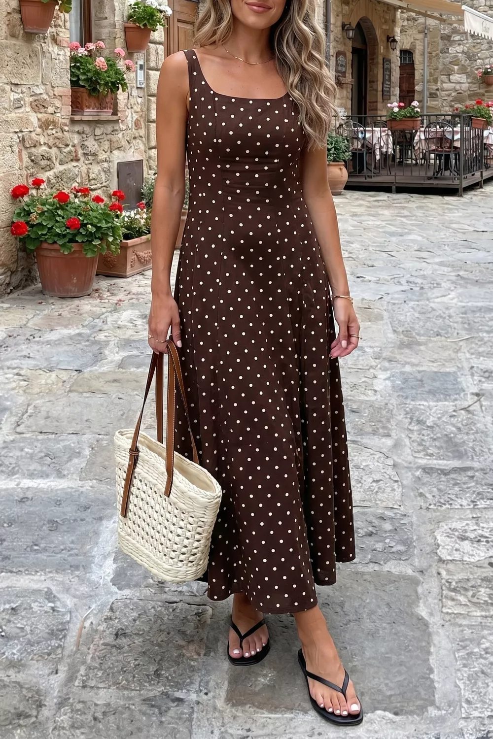 Polka Dot Print Square Neck Sleeveless Vacation Maxi Dress, image 7