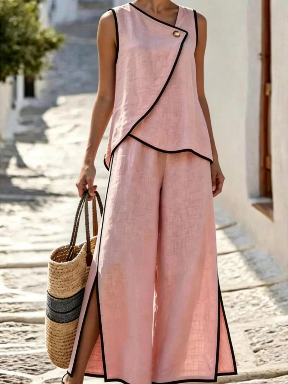 Contrast Trim Top and Slit Pants Set, image 7