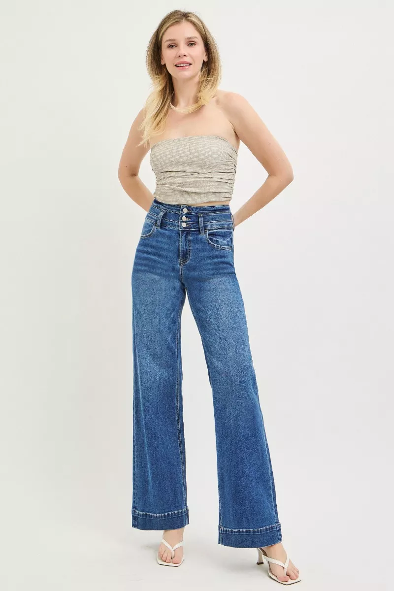 High Rise Wide Leg Wide Band Detail Jeans, image 6