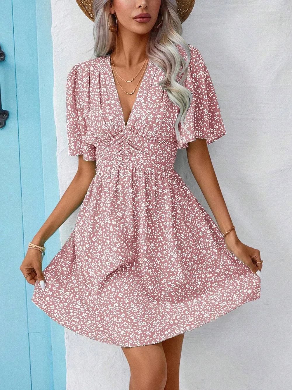 Printed V-Neck Half Sleeve Mini Dress, image 29