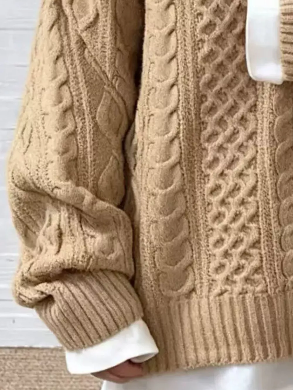 Full Size Cable Knit Dropped Shoulder Sweater Plus Size, image 6