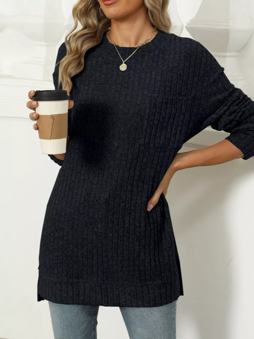 Ribbed Knit Round Neck Sweater, image 12