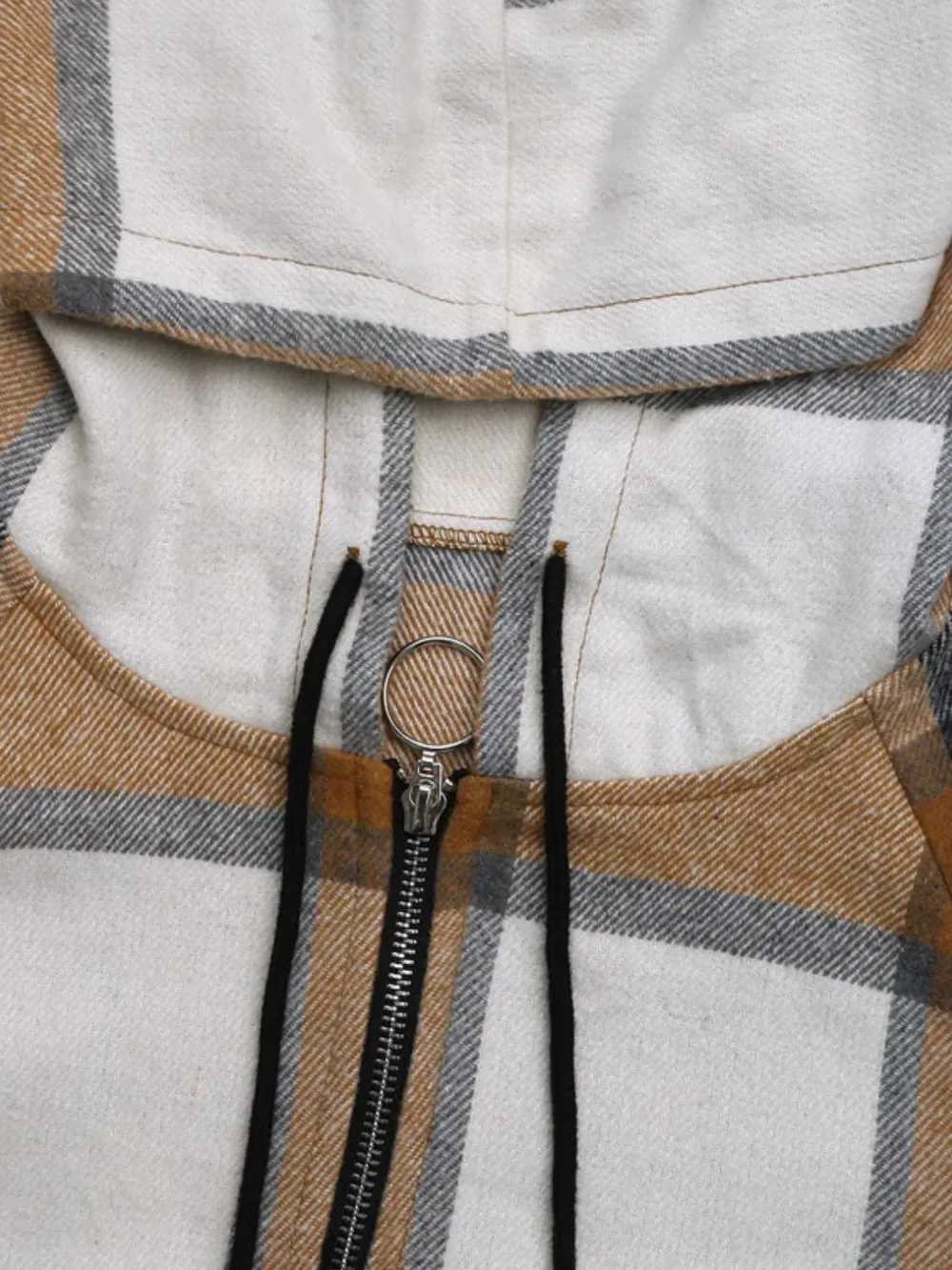 Drawstring Plaid Zip Up Long Sleeve Hooded Outerwear, image 7