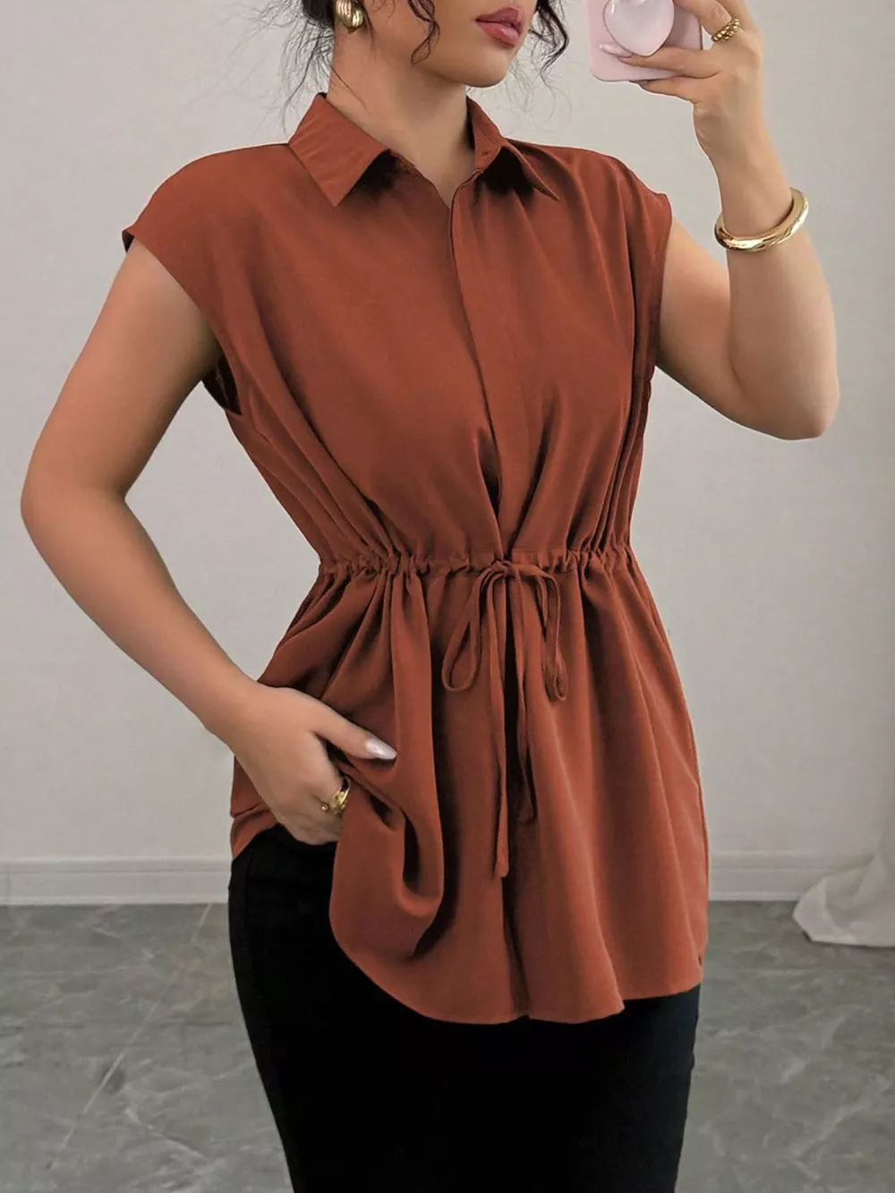 Drawstring Waist Cap Sleeve Shirt, image 26