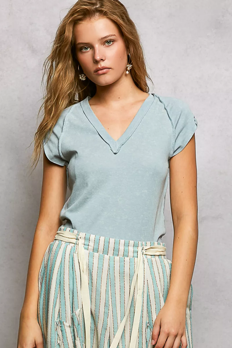 V-Neck Short Sleeve Washed T-Shirt with Outseam, image 5
