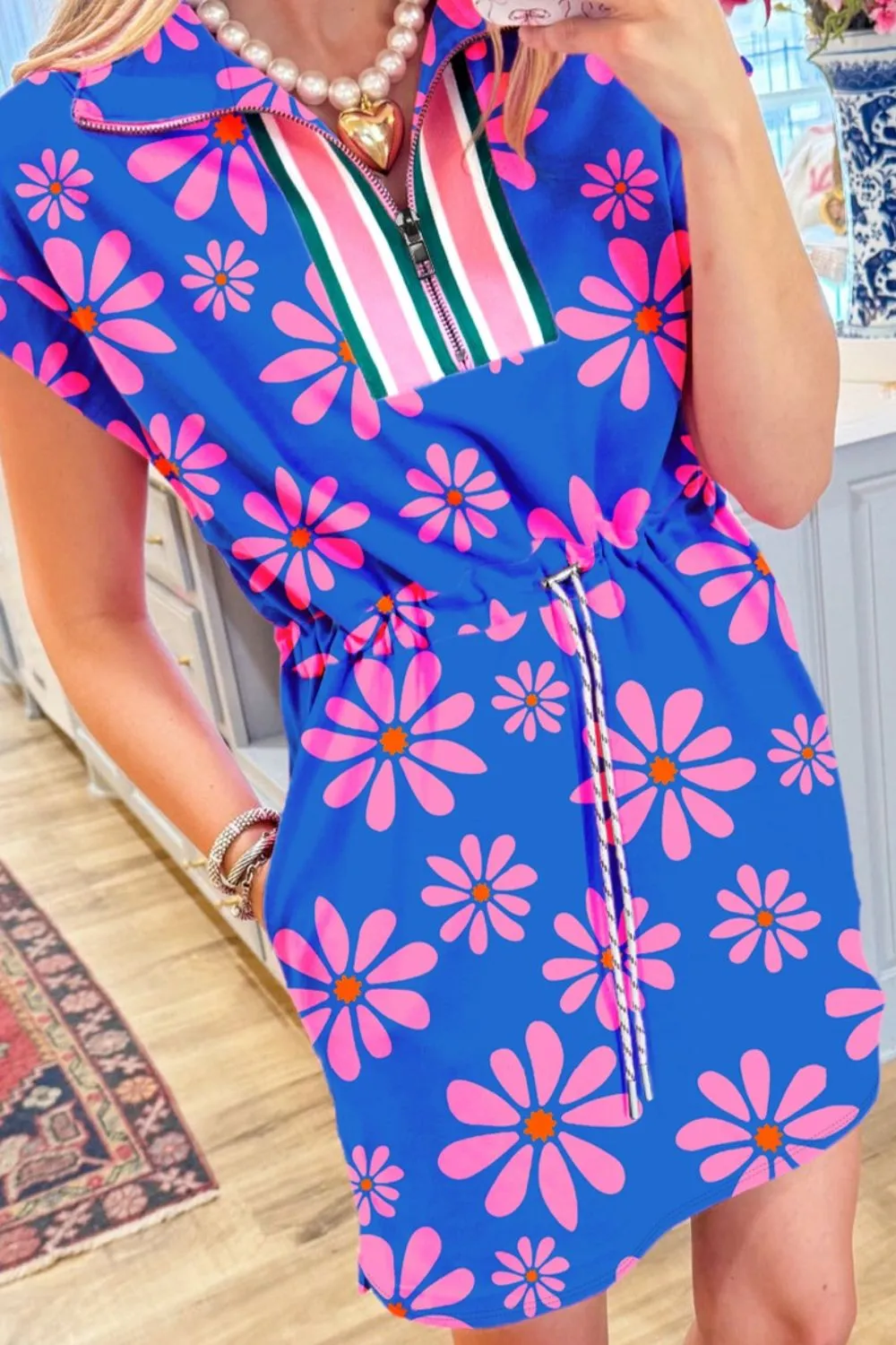 Floral Print Zip Collar Drawstring Summer Mini Dress, image 7