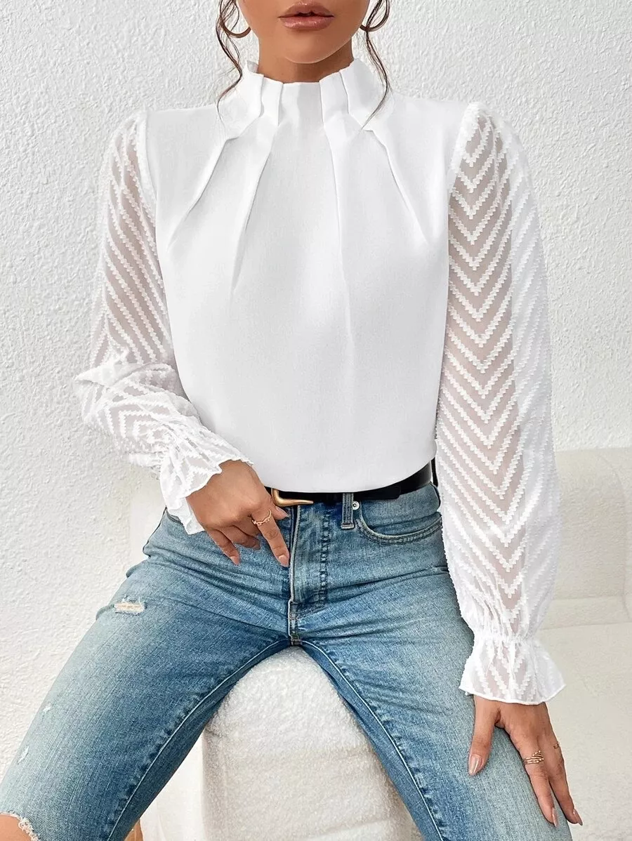 Mock Neck Sheer Lace Sleeve Blouse, image 4