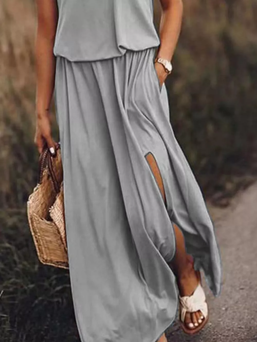Full Size Round Neck Sleeveless Slit Maxi Dress Plus Size, image 22