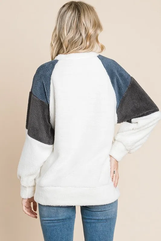 Color Block Faux Fur Raglan Sleeve Sweatshirt, image 2