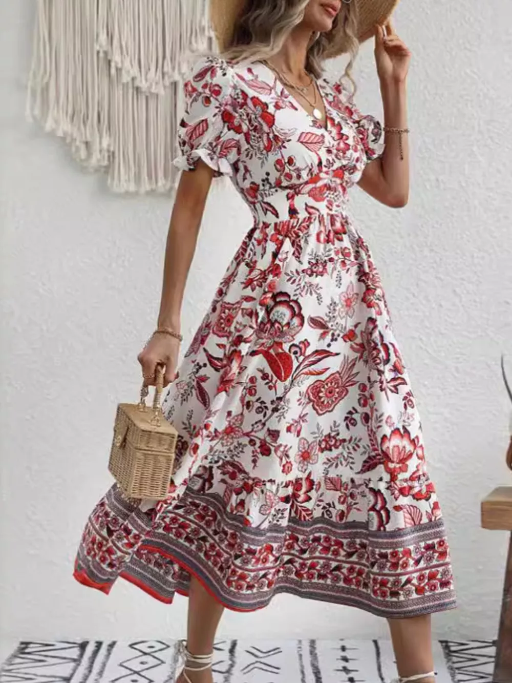 Floral Print Puff Sleeve Wrap Midi Dress, image 16