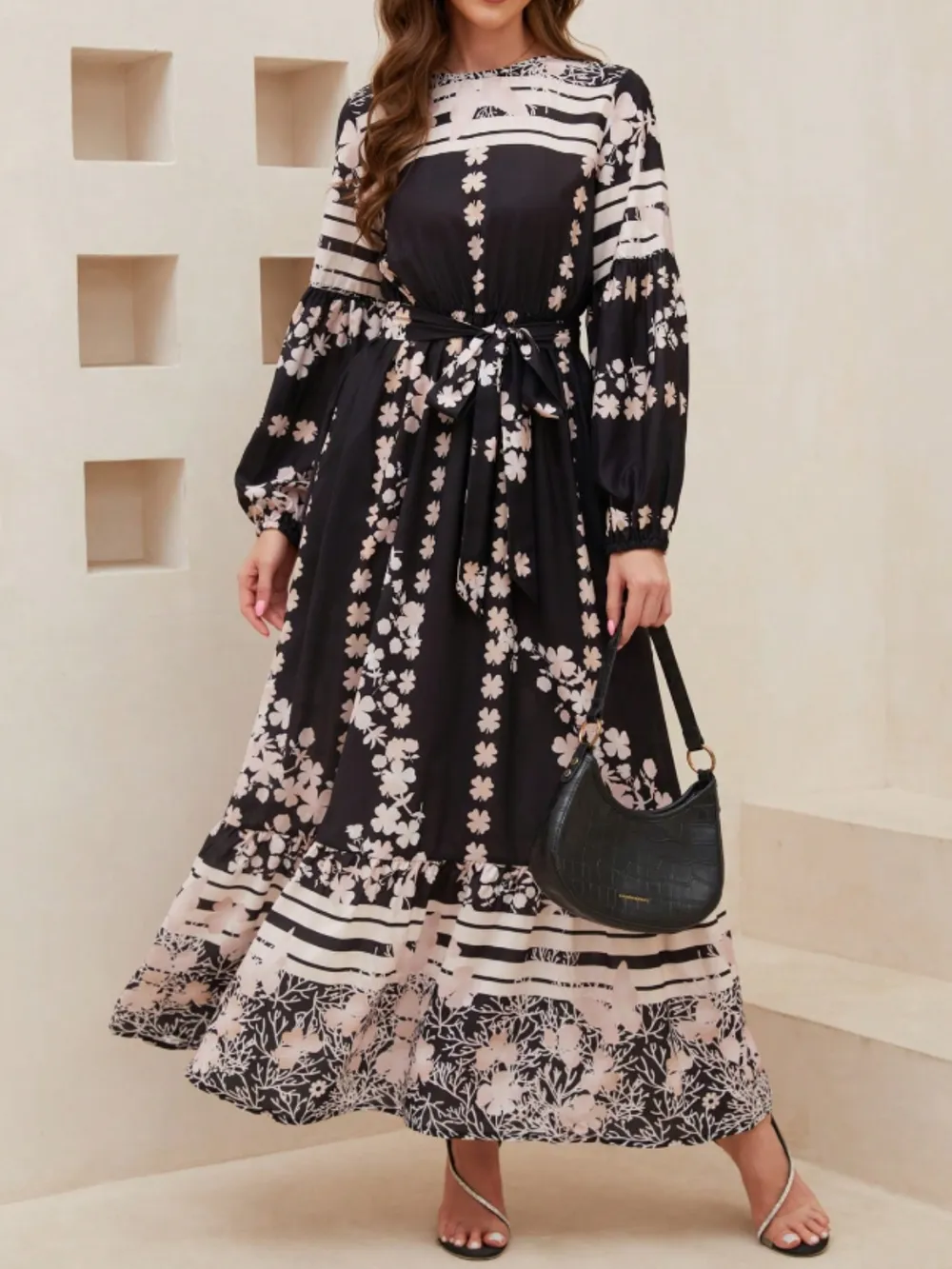 Printed Round Neck Long Sleeve Maxi Dress with Pockets, image 3