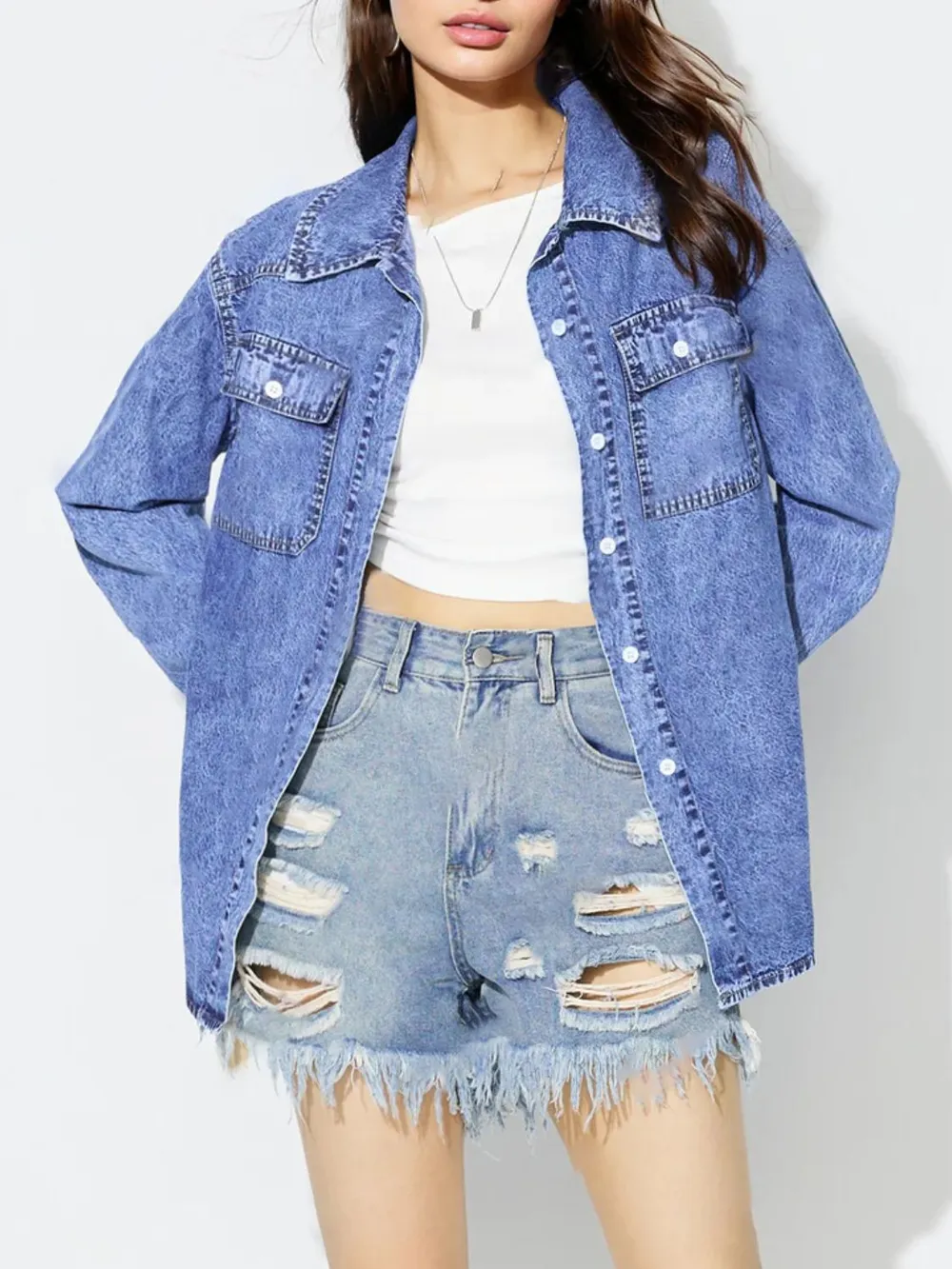 Curved Hem Collared Neck Denim Top, image 5