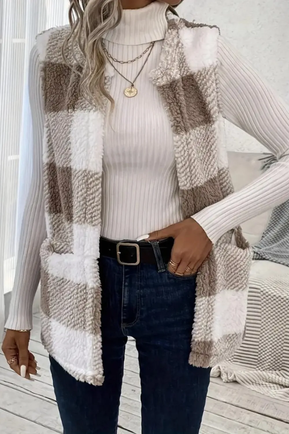 Sherpa Plaid Open Front Vest Coat, image 7
