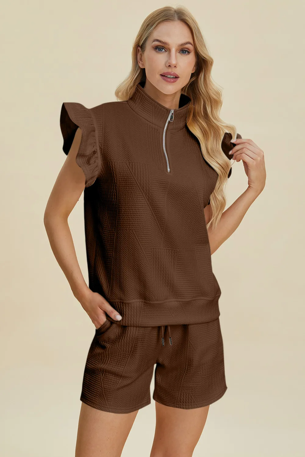 Full Size Texture Flounce Sleeve Top and Shorts Set, image 29
