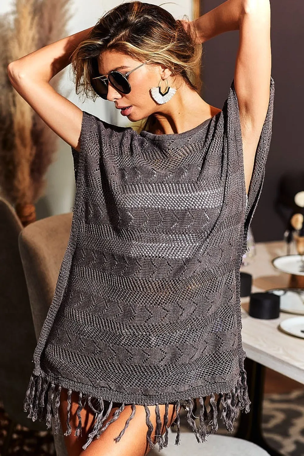 Fringed Hem Short Sleeve Knit Top, image 2