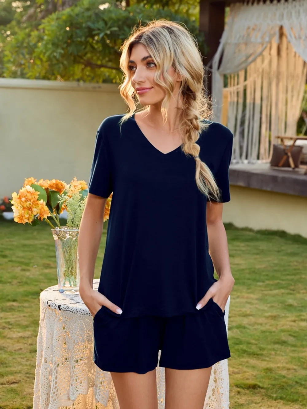 V-Neck Short Sleeve Top and Pocketed Shorts Lounge Set, image 8