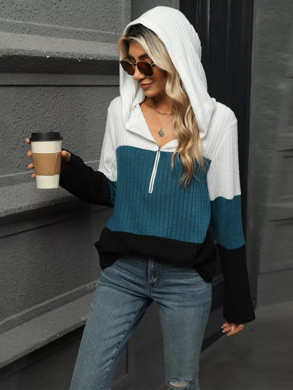 Color Block Half Zip Hooded Top, image 21