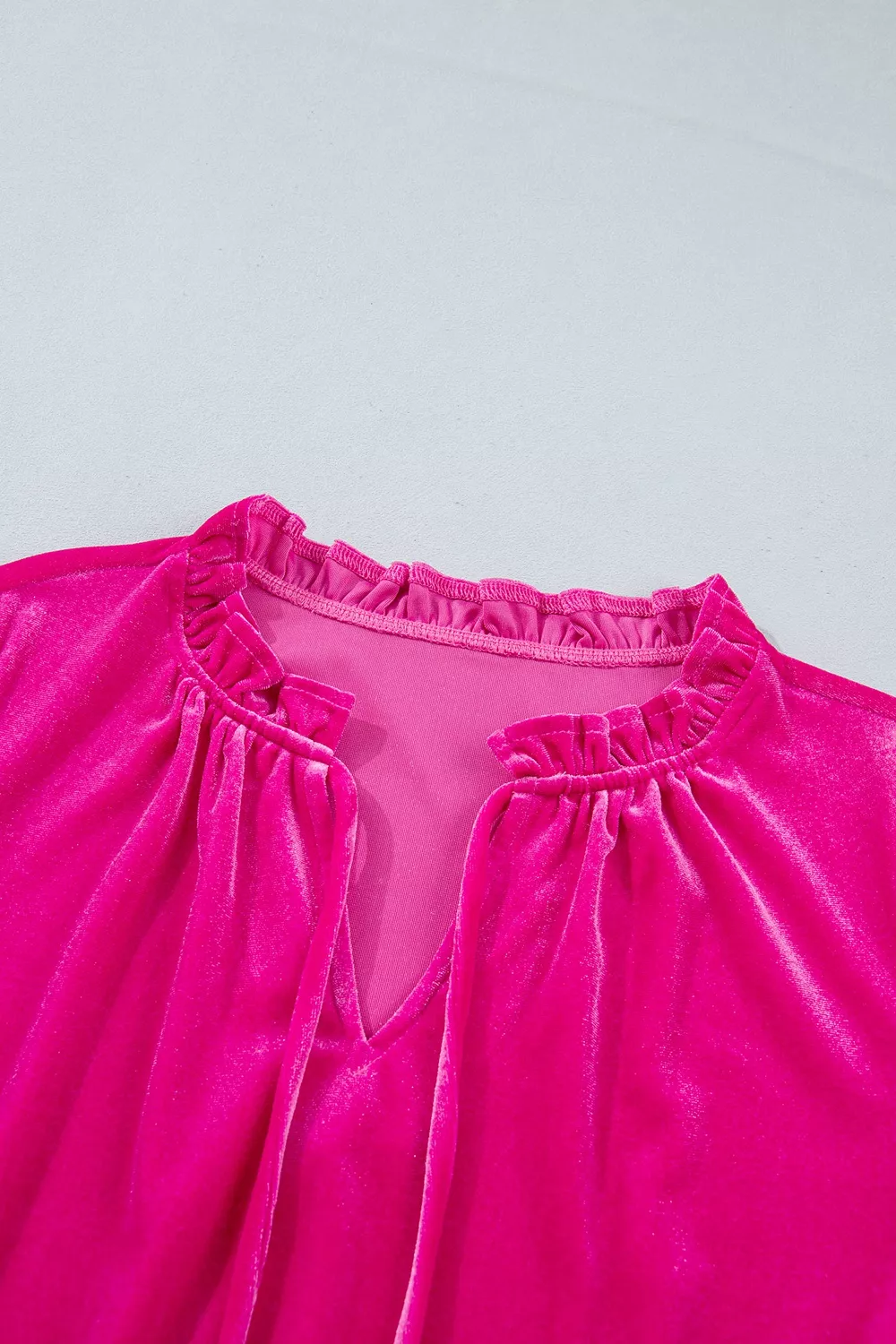 V Neck Velvet Ruffled Cuffs Hem Long Sleeve Top, image 5