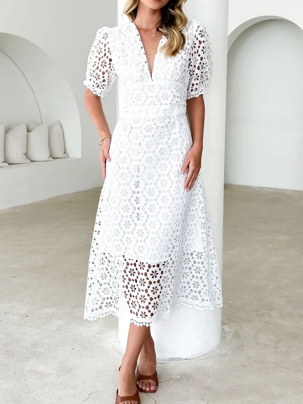 Eyelet Lace V-Neck Midi Dress with Puff Sleeves, image 21