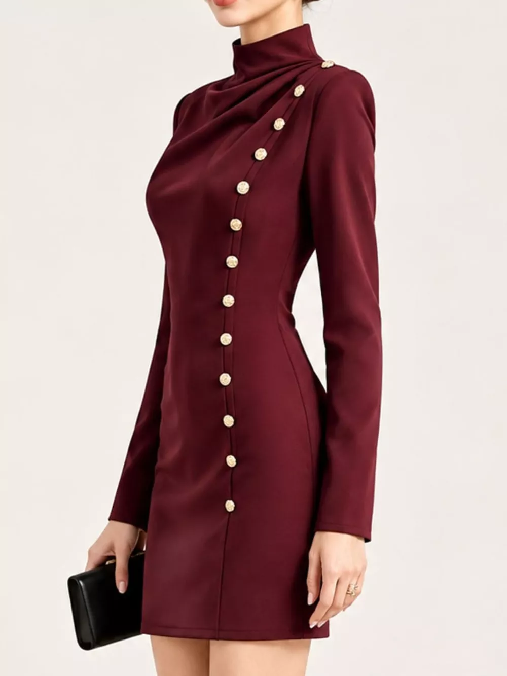 Full Size Decorative Button Mock Neck Mini Dress Plus Size, image 10