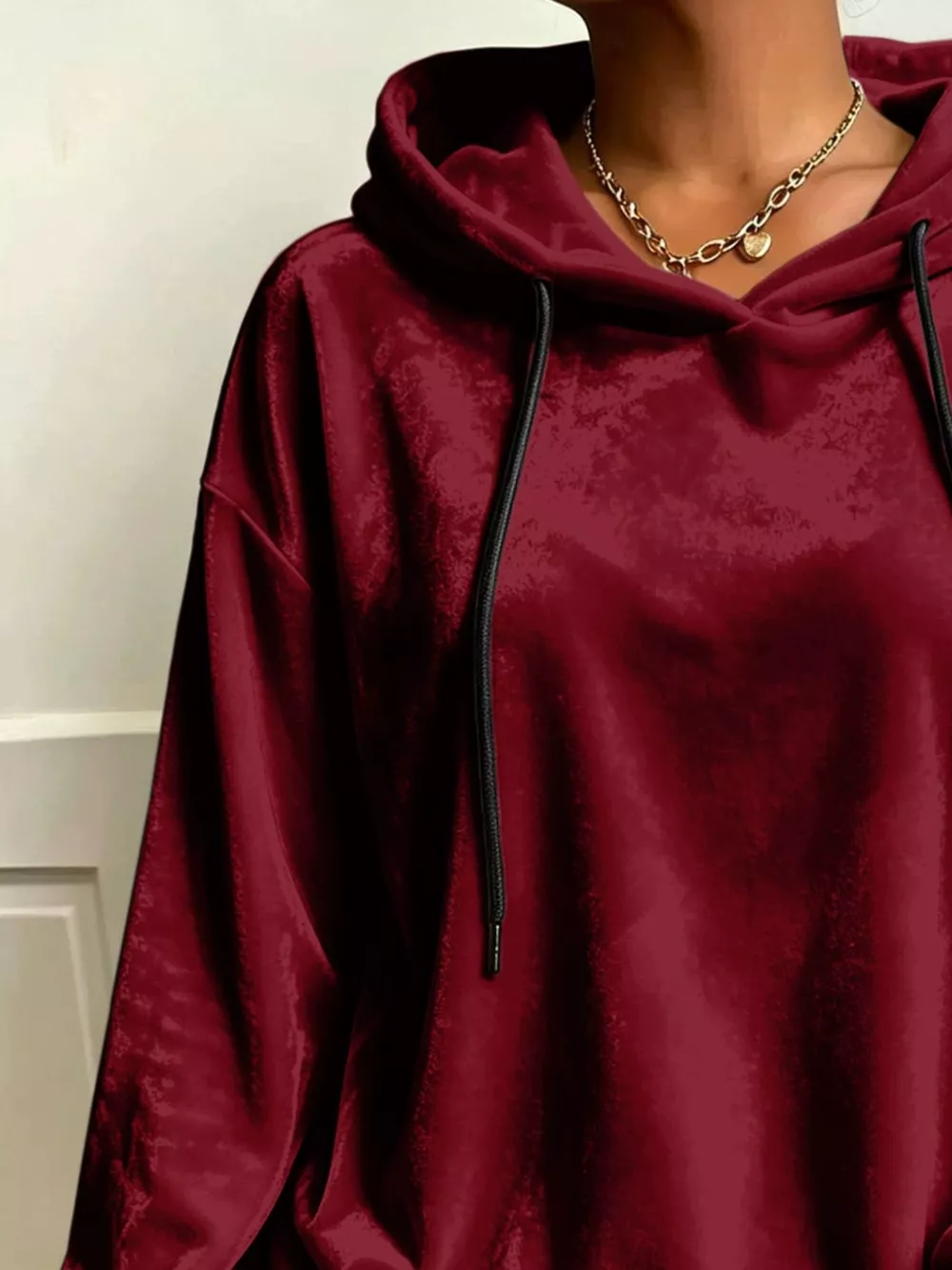 Plus Size Velvet Drawstring Dropped Shoulder Hoodie, image 8