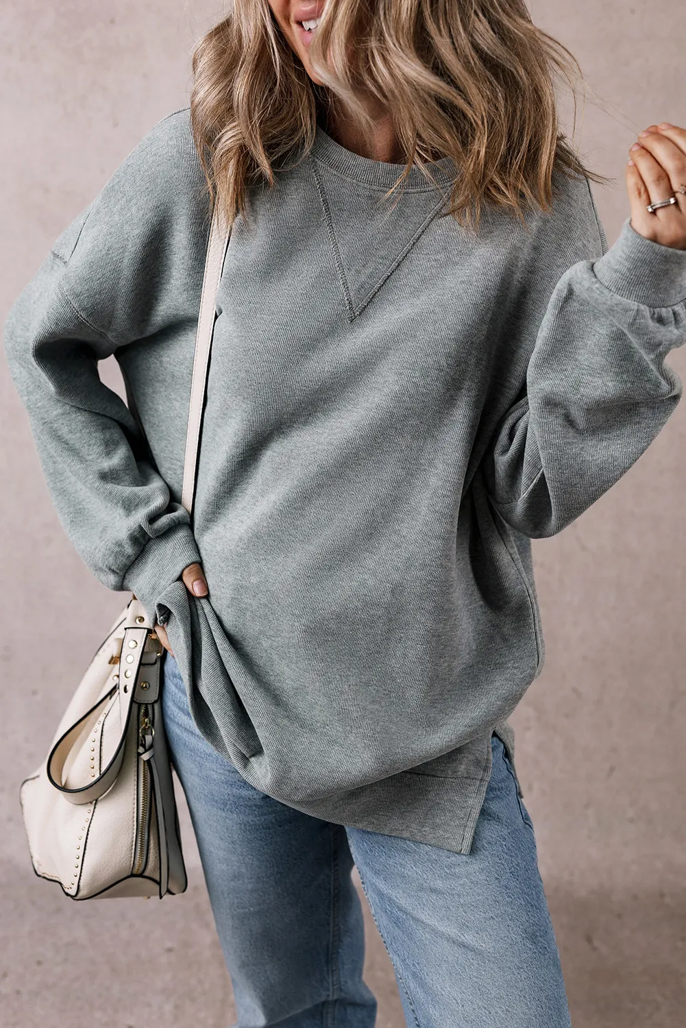 Slit Round Neck Long Sleeve Sweatshirt, image 5