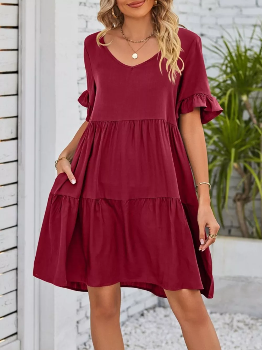 Ruffled Sleeve Tiered Mini Dress, image 4