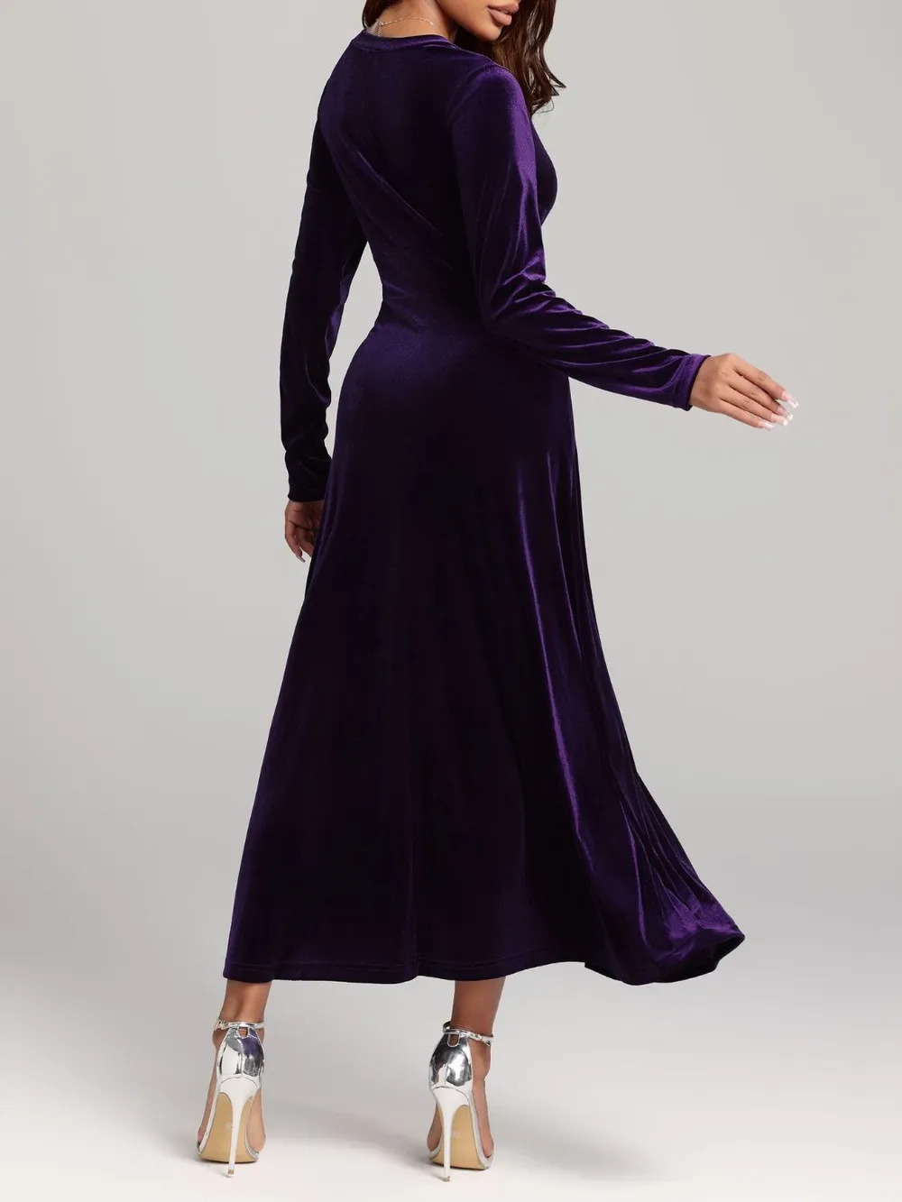 V-Neck Long Sleeve Velvet Dress, image 2