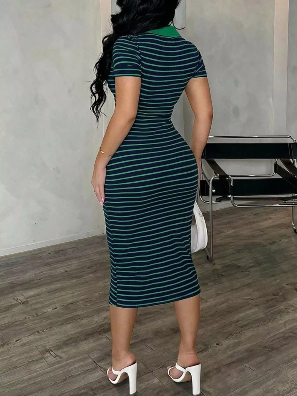 Striped Polo Collar Midi Dress, image 22