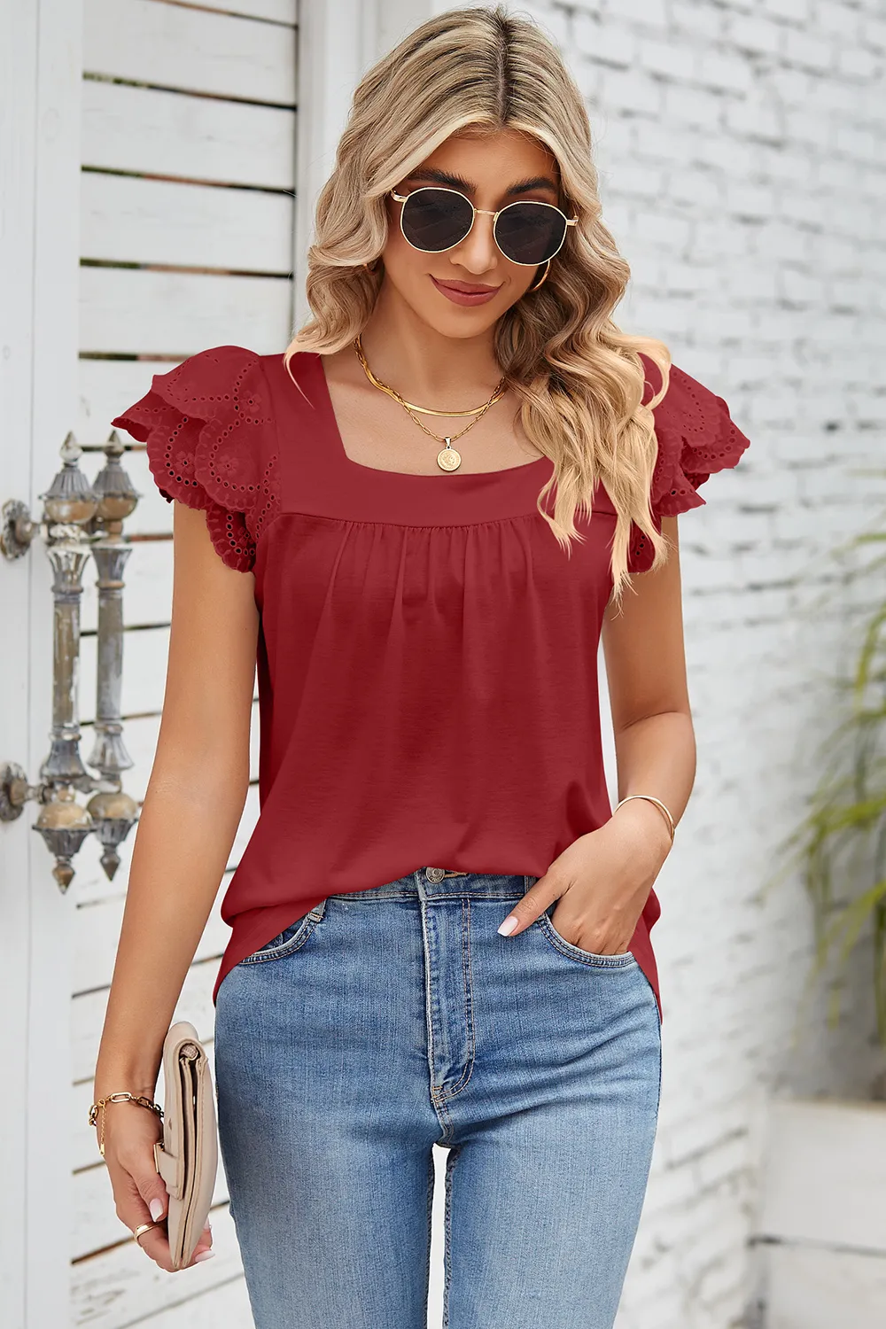 Eyelet Square Neck Cap Sleeve Blouse, image 11