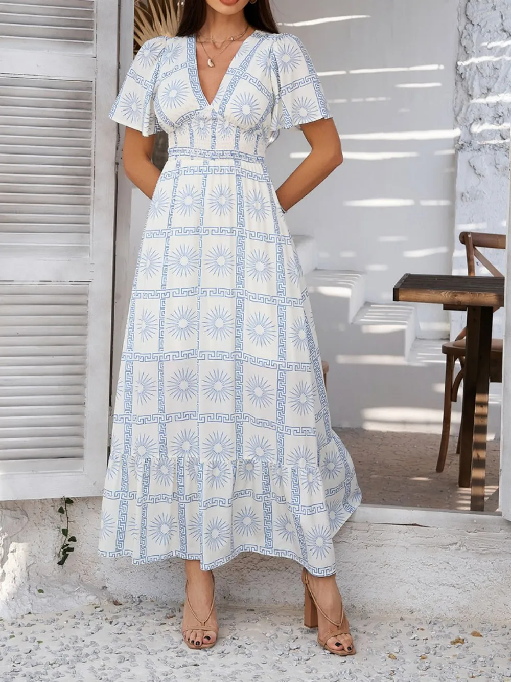 Smocked Printed V-Neck Short Sleeve Maxi Dress, image 3