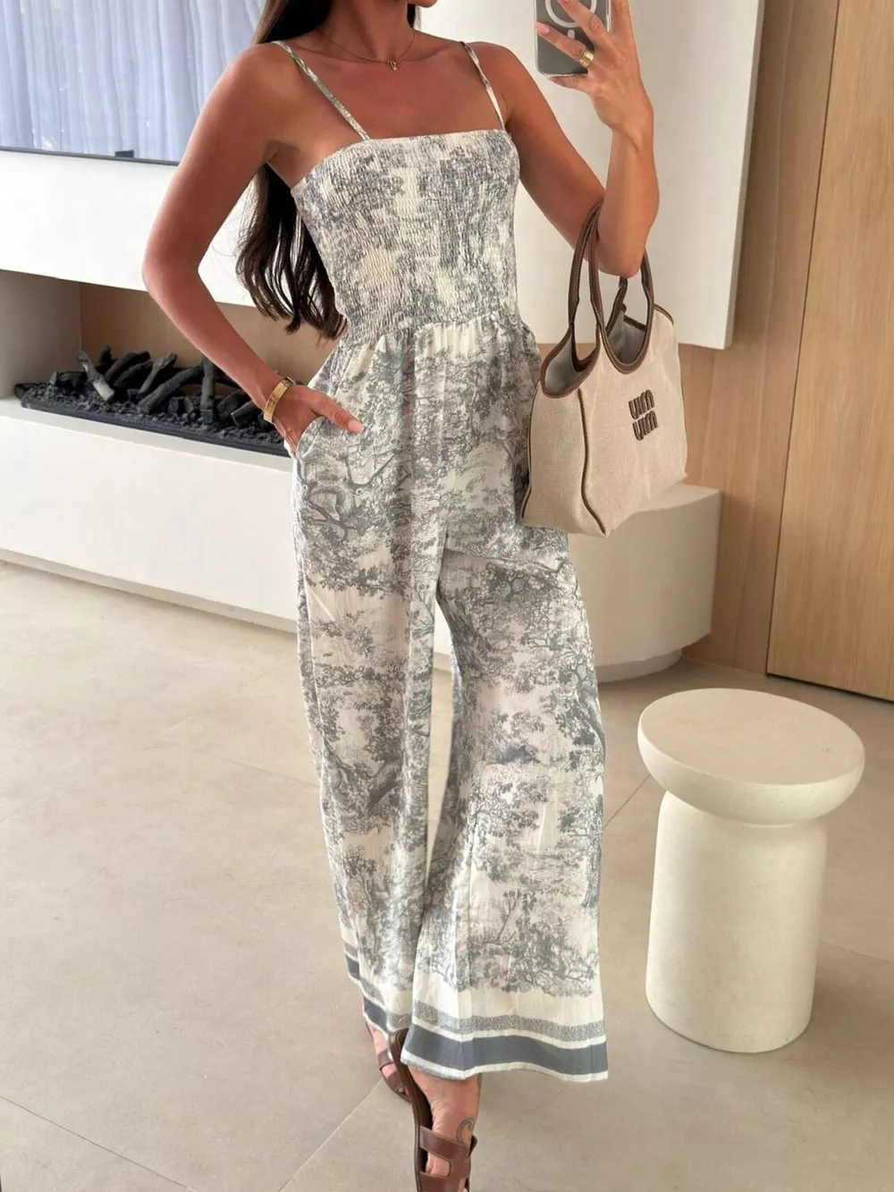 Printed Smocked Wide Leg Jumpsuit, image 10