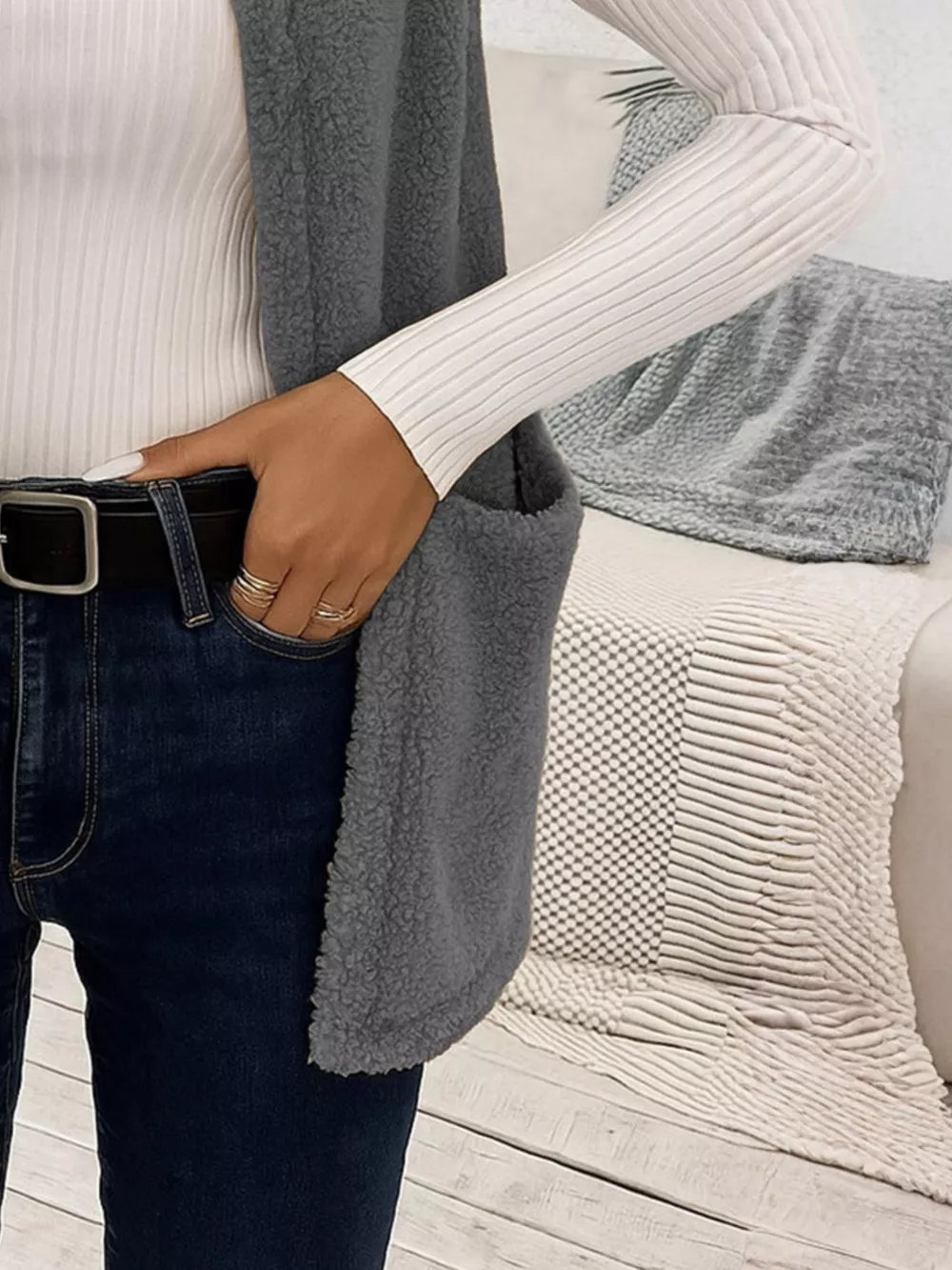 Sleeveless Fuzzy Fleece Vest Coat, image 7