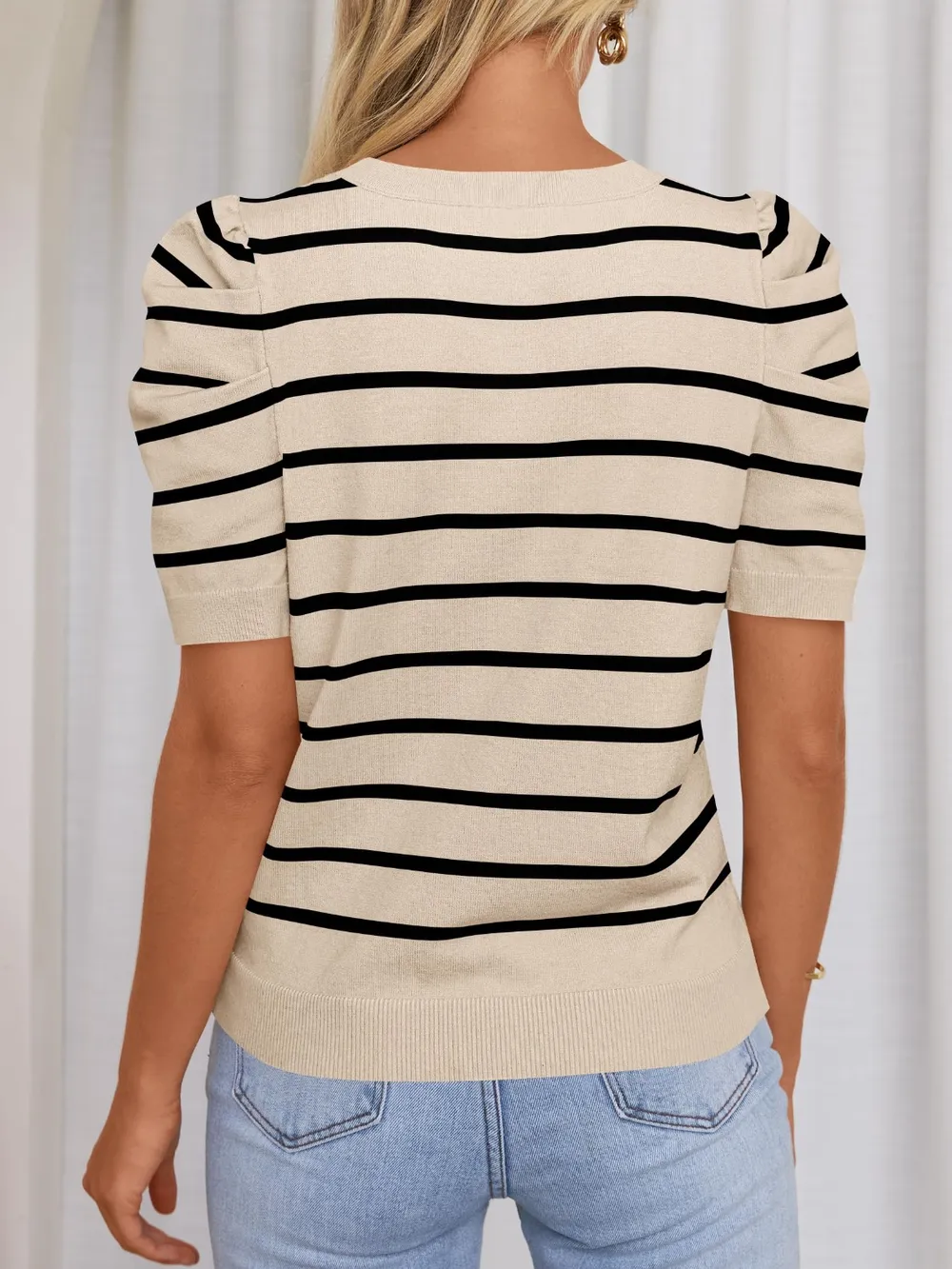 Striped Round Neck Puff Sleeve Knit Top, image 4
