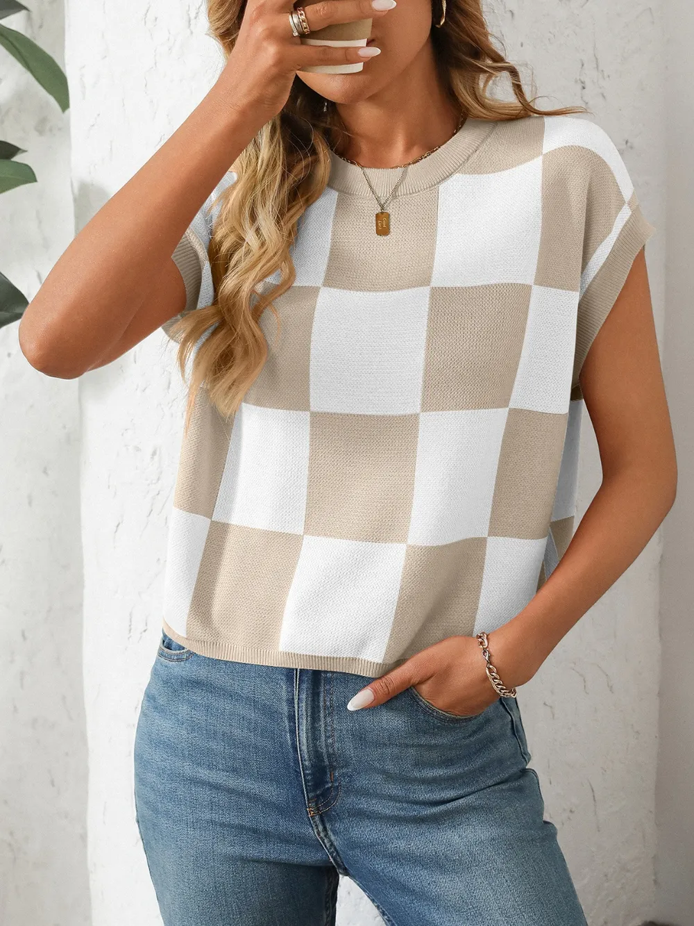 Checkered Round Neck Cap Sleeve Knit Top, image 27