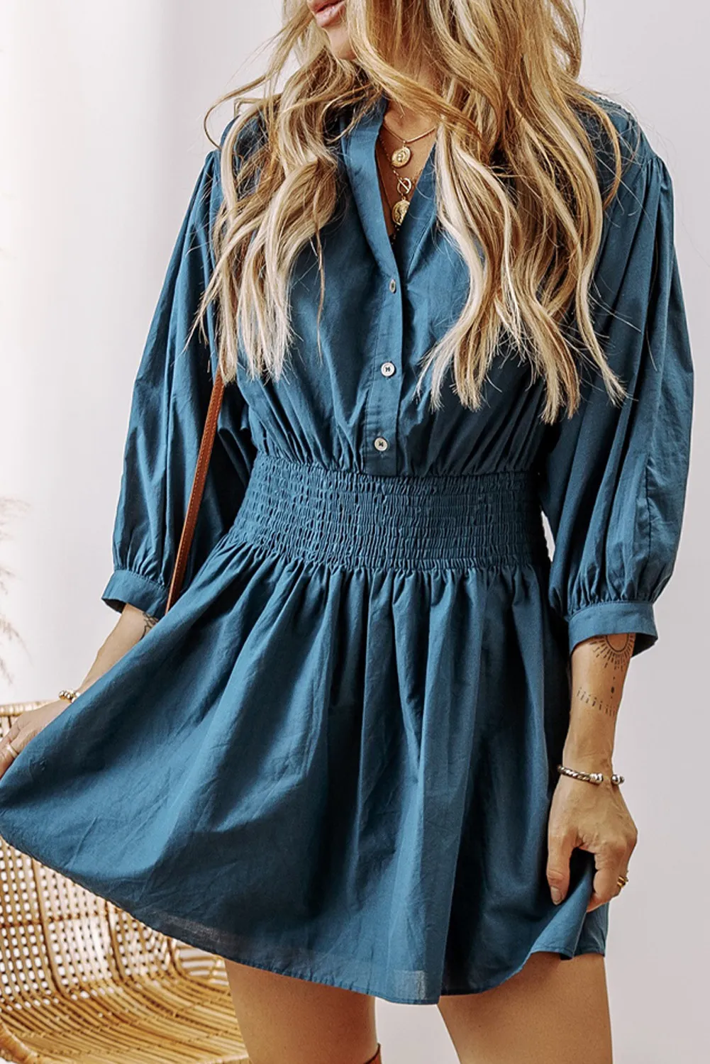 Smocked Half Button Three-Quarter Sleeve Mini Dress, image 5