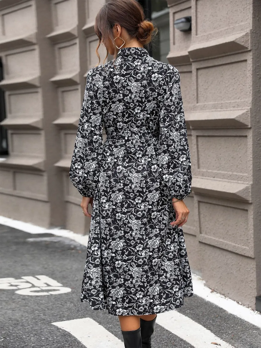 Lace Detail Printed Long Sleeve Midi Dress, image 6