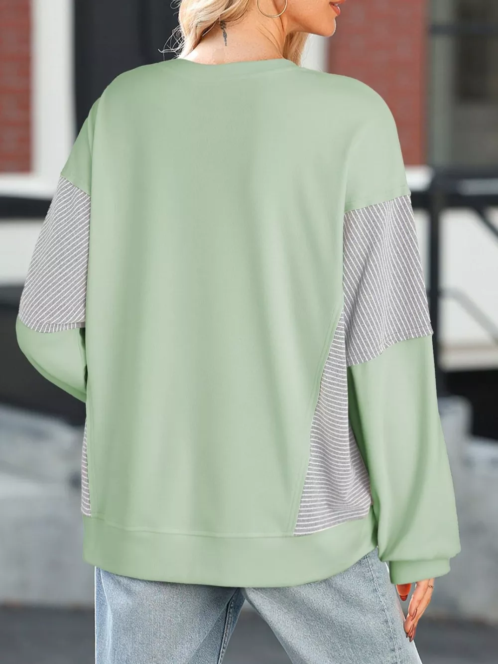 Color Block Striped Sleeve Casual Sweatshirt, image 21