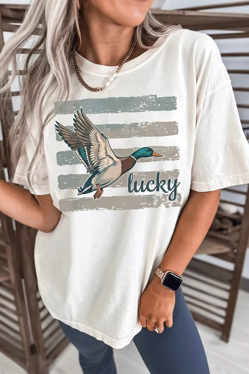 Full Size Retro Mallard Striped Print Casual Short Sleeve T Shirt Plus Size