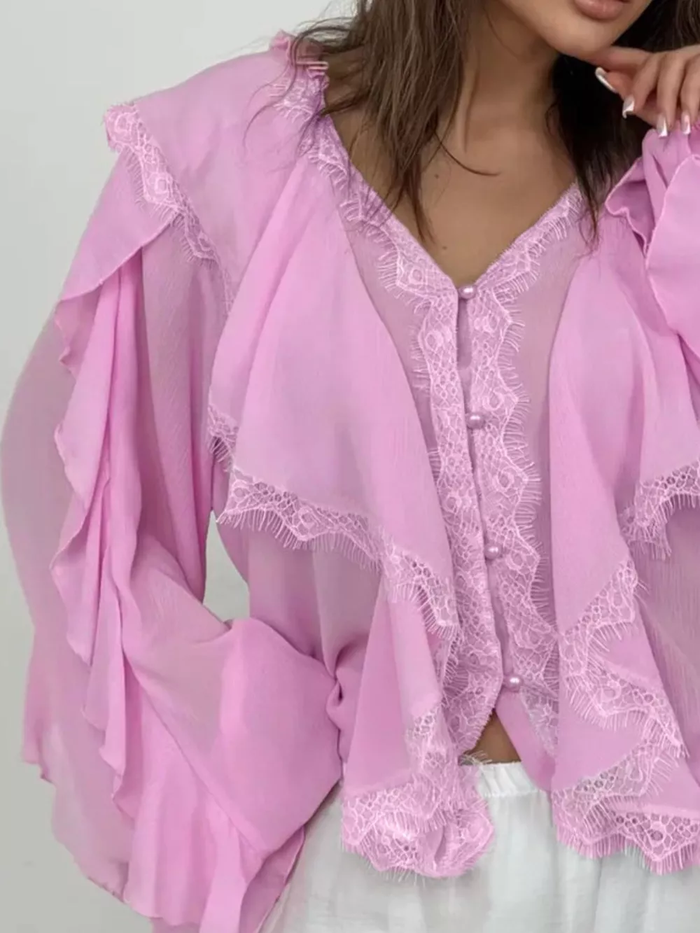V-Neck Ruffled Lace Trim Blouse, image 11