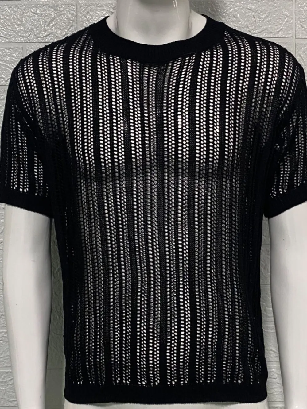 Men's Openwork Round Neck Knit T-Shirt, image 4