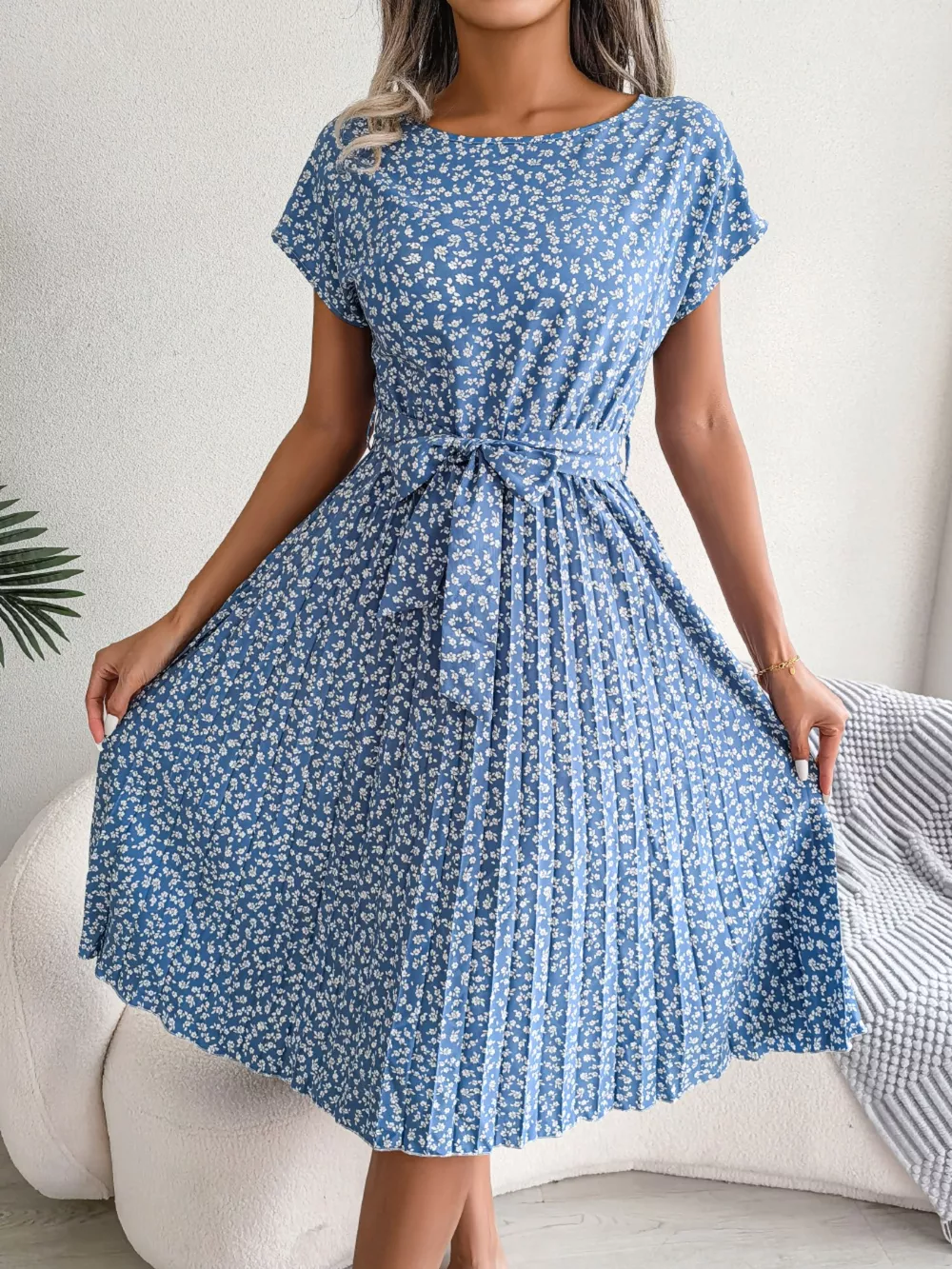 Floral Print Pleated Midi Dress with Belt, image 8