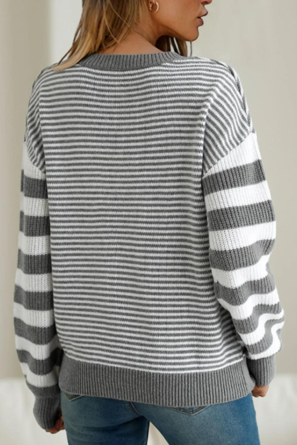 Striped Round Neck Dropped Shoulder Sweater, image 16